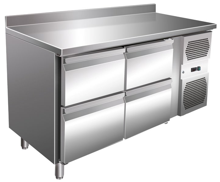 Kühltisch Edelstahl 600 mit 4 Schubladen + AK 260 L 1360 x 600 x 830 bis 860 mm, Höhe verstellbar