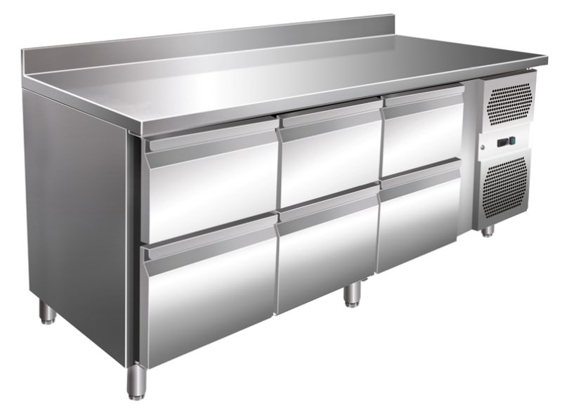 Kühltisch Edelstahl 600 6 Schubladen + AK 386 L 1795 x 600 x 930 bis 960 mm, Höhe verstellbar