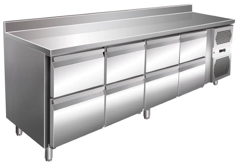 Kühltisch Edelstahl 600 8 Schubladen + Aufkantung 511 L 2230 x 600 x 930 bis 960 mm, Höhe verstellbar